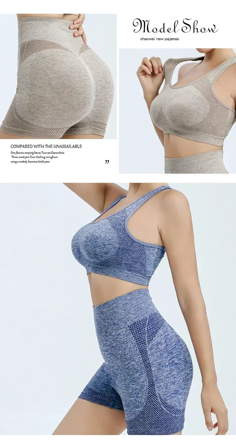 Conjunto de yoga, pantalones cortos de gimnasio, sujetadores deportivos para mujer, tops de entrenamiento para mujer, ropa de yoga, leggings de fitness, conjunto de gimnasio, conjuntos de yoga sin costuras