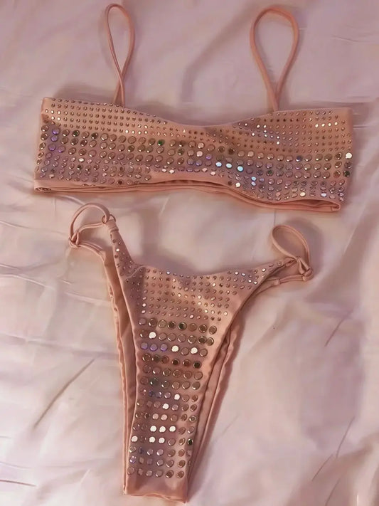 Bikini de diamantes 2025, bañador sexy para mujer, bikini bandeau con efecto push up, bañador femenino brillante, traje de baño floral, ropa de playa