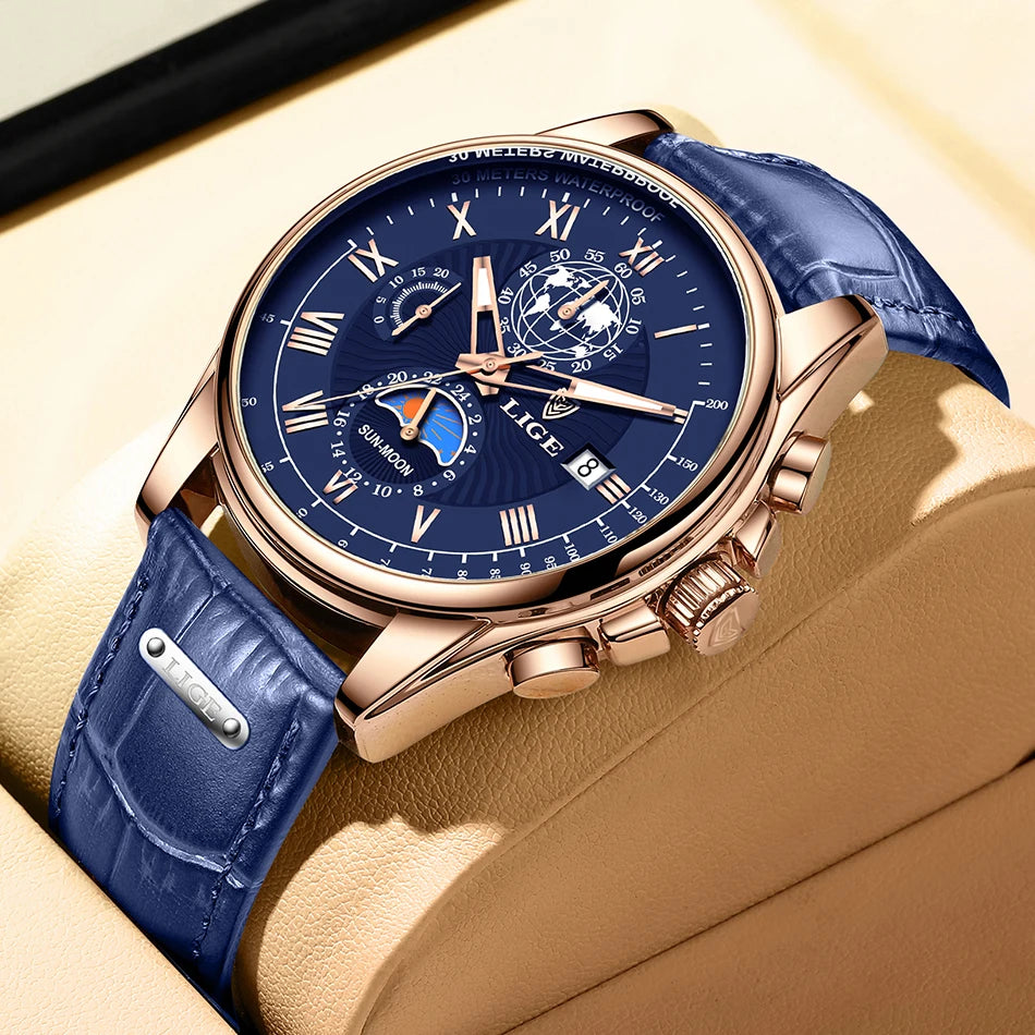 LIGE 2024 - Nuevo reloj de cuero azul para hombre, marca de lujo, resistente al agua, deportivo, con fecha, de cuarzo, Masculino