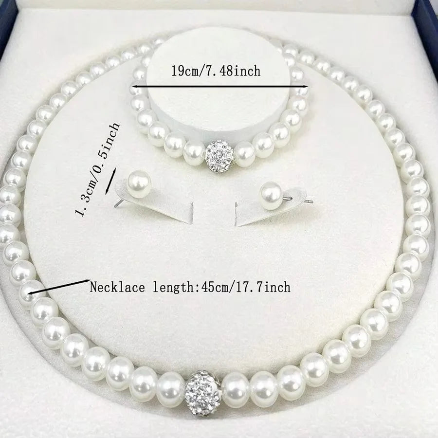 Juego de 3 piezas de collar, pulsera y pendientes con forma de bola de fuego de perlas de imitación, conjunto de joyas con piedras de cristal de color plateado, elegante joyería nupcial.