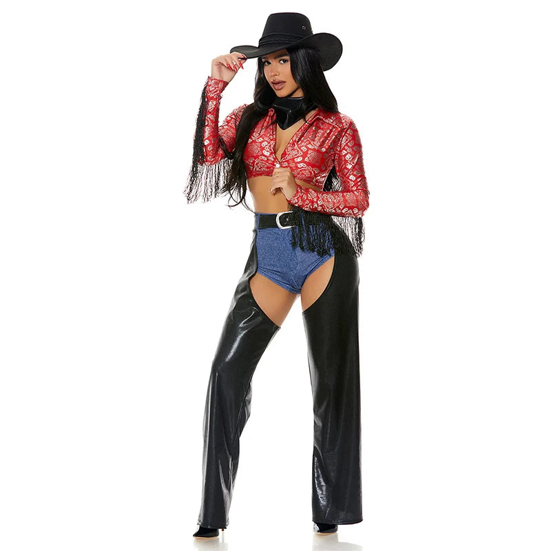 2025 New Arrival Red Black Ladies Ride Em Wild West Dess Up For Halloween Saddle Up Sexy Cowgirl Costume
