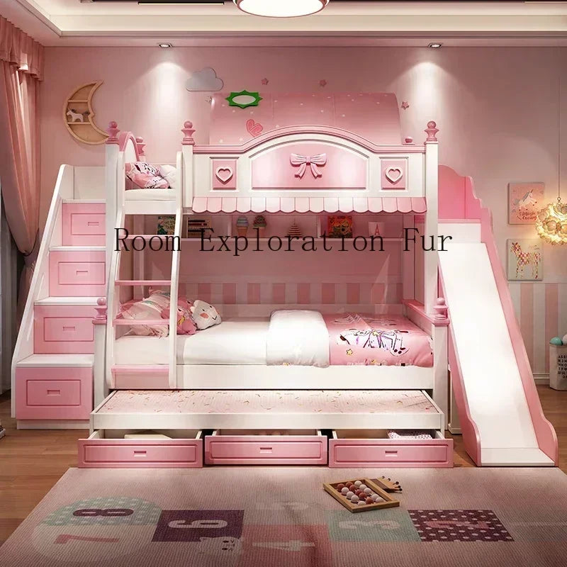 Cama infantil de madera para madres y niñas, edredones para bebés, cunas familiares, loft bajo, rosa, corrales para recién nacidos, litera para niños