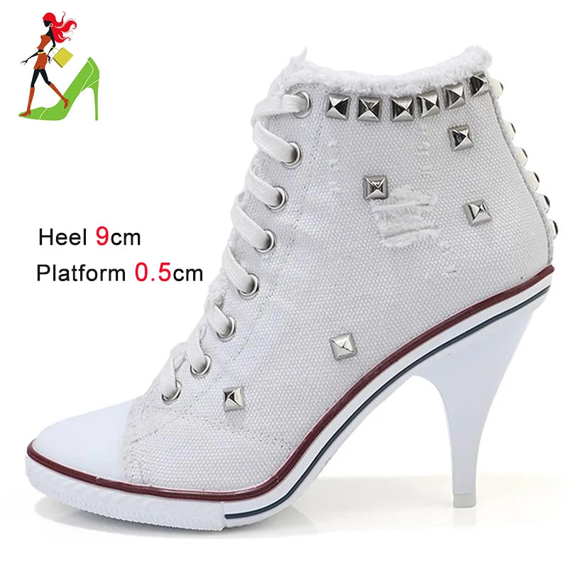 Botas cortas de mezclilla para mujer, botines con tachuelas y tacones altos, botas de mujer con remaches, tacones altos finos con cordones, zapatos de mezclilla