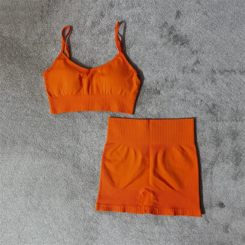 Conjunto de yoga fitness sin costuras para mujer, ropa deportiva de cintura alta, leggings, pantalones cortos de dos piezas, ropa de gimnasio para mujer