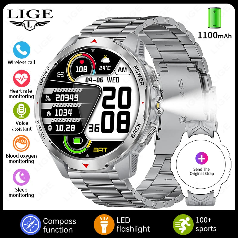 Reloj inteligente deportivo para exteriores para hombre, con batería grande de 1100 mAh, brújula, linterna LED, control del ritmo cardíaco, compatible con Android e iOS.