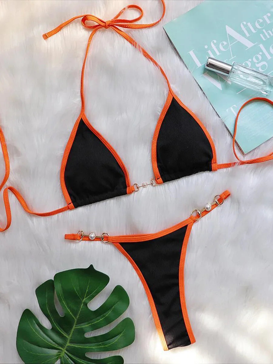 Bikini sexy con cuello halter y perlas para mujer, traje de baño femenino de dos piezas con ribete acanalado