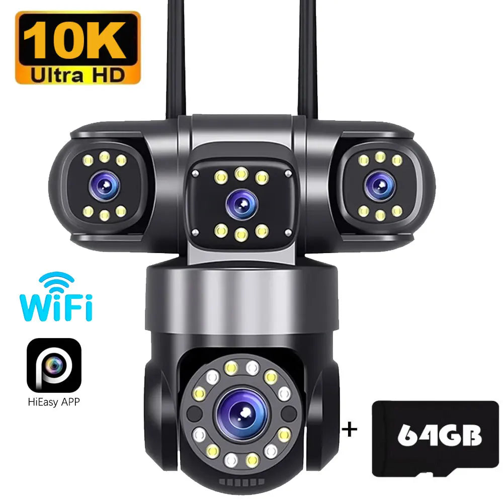 Cámara de seguridad para el hogar 10K 20MP para exteriores con WiFi, 4 lentes, 4 pantallas, zoom 360° 16X, CCTV, vigilancia inalámbrica, PTZ, protección de seguridad