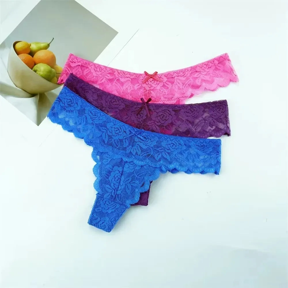 Tanga sexy de encaje de cintura baja para mujer, bragas transparentes, ropa interior erótica, 3 unidades, envío gratis