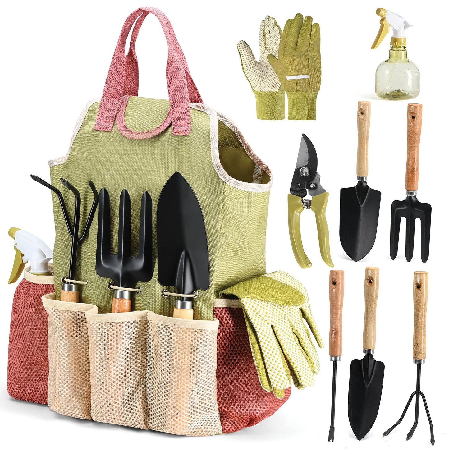 Juego completo de 10 herramientas de jardinería resistentes, con agarre de goma antideslizante, bolsa de almacenamiento, pala, tijeras y herramientas para exteriores.