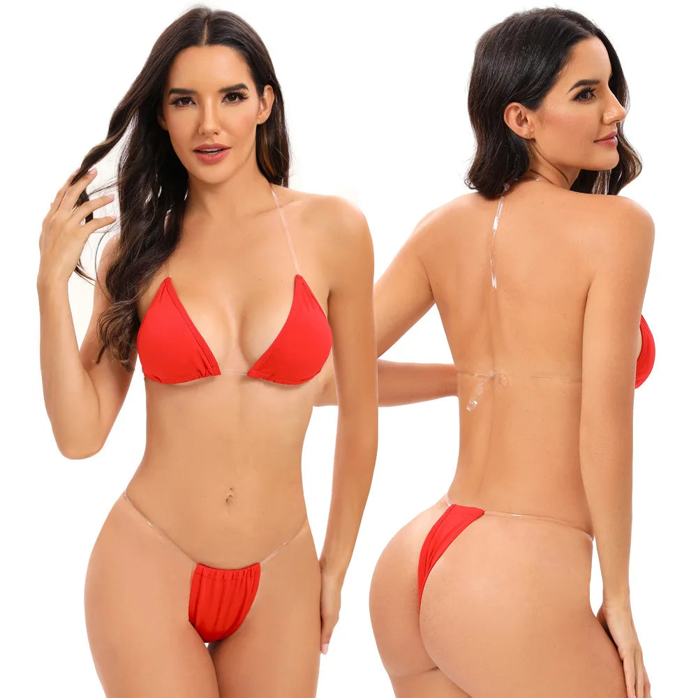 Traje de baño para mujer, bikini sexy transparente con tirantes triangulares, tanga de dos piezas, color sólido, ropa de playa, traje de baño para spa