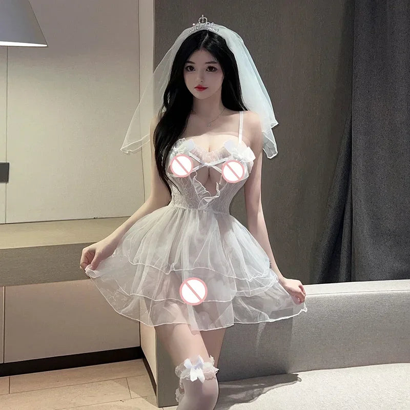 Sexy Bridal Lingerie Set See Through Mesh Babydoll Dress with Veil White Wedding Club Nightwear Cosplay Costume for Women Girls