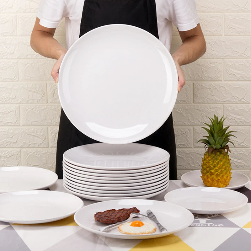 Plato redondo de melamina blanca de 8-14 pulgadas para cena, bandejas para carne estilo occidental, vajilla de hueso para postre, platos de plástico de imitación de porcelana.