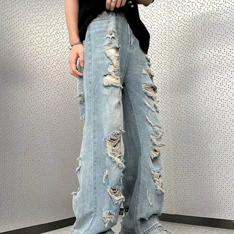 Vaqueros vintage desgastados de pierna recta, estilo americano, acampanados, holgados, de cintura alta, versión fina de verano para hombre.