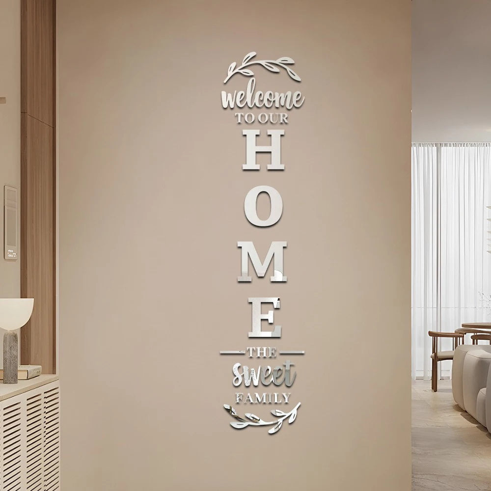 Pegatina de pared con espejo 3D con logotipo familiar para el hogar, decoración de entrada, sala de estar, dormitorio, fondo de pared, bricolaje