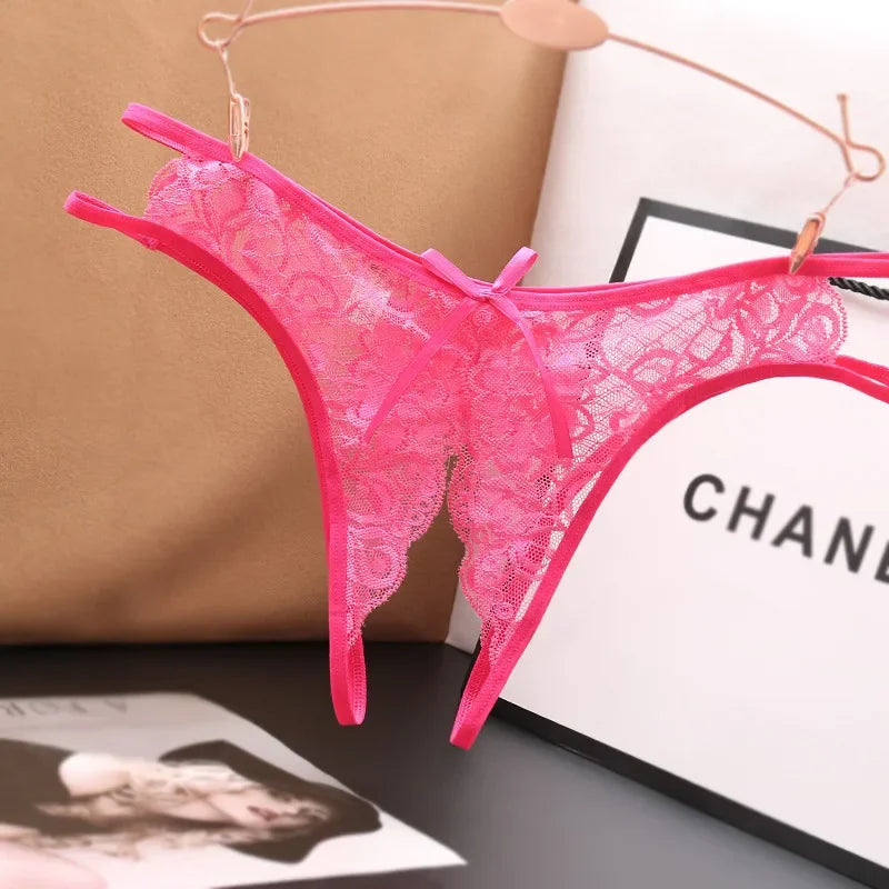 Lencería sexy para mujer, bragas transparentes con abertura en la entrepierna, tangas con lazo, ropa interior de encaje para mujer
