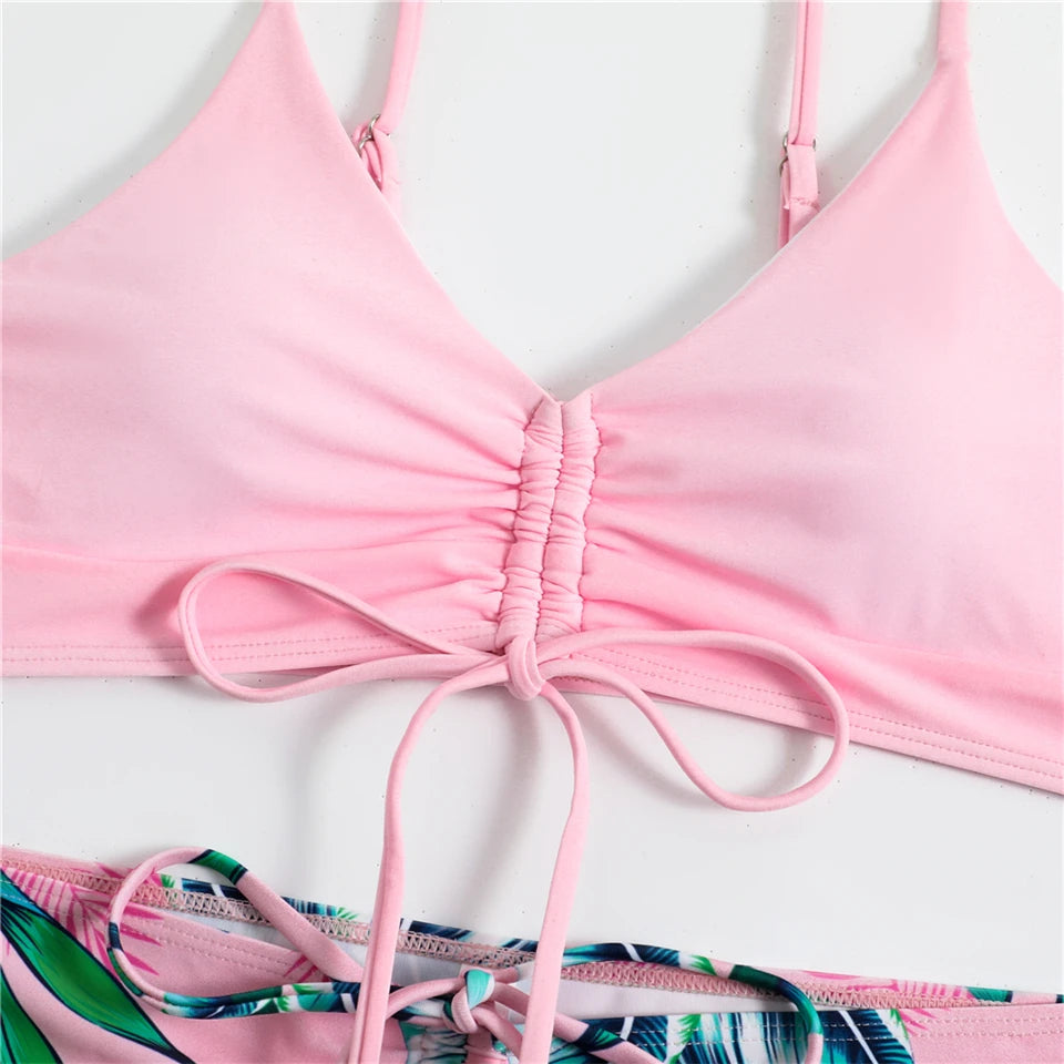 Bikini con cordón y estampado tropical para mujer, traje de baño de cintura alta con lazo frontal, pantalones cortos, traje de baño sexy para mujer, ropa de playa de verano