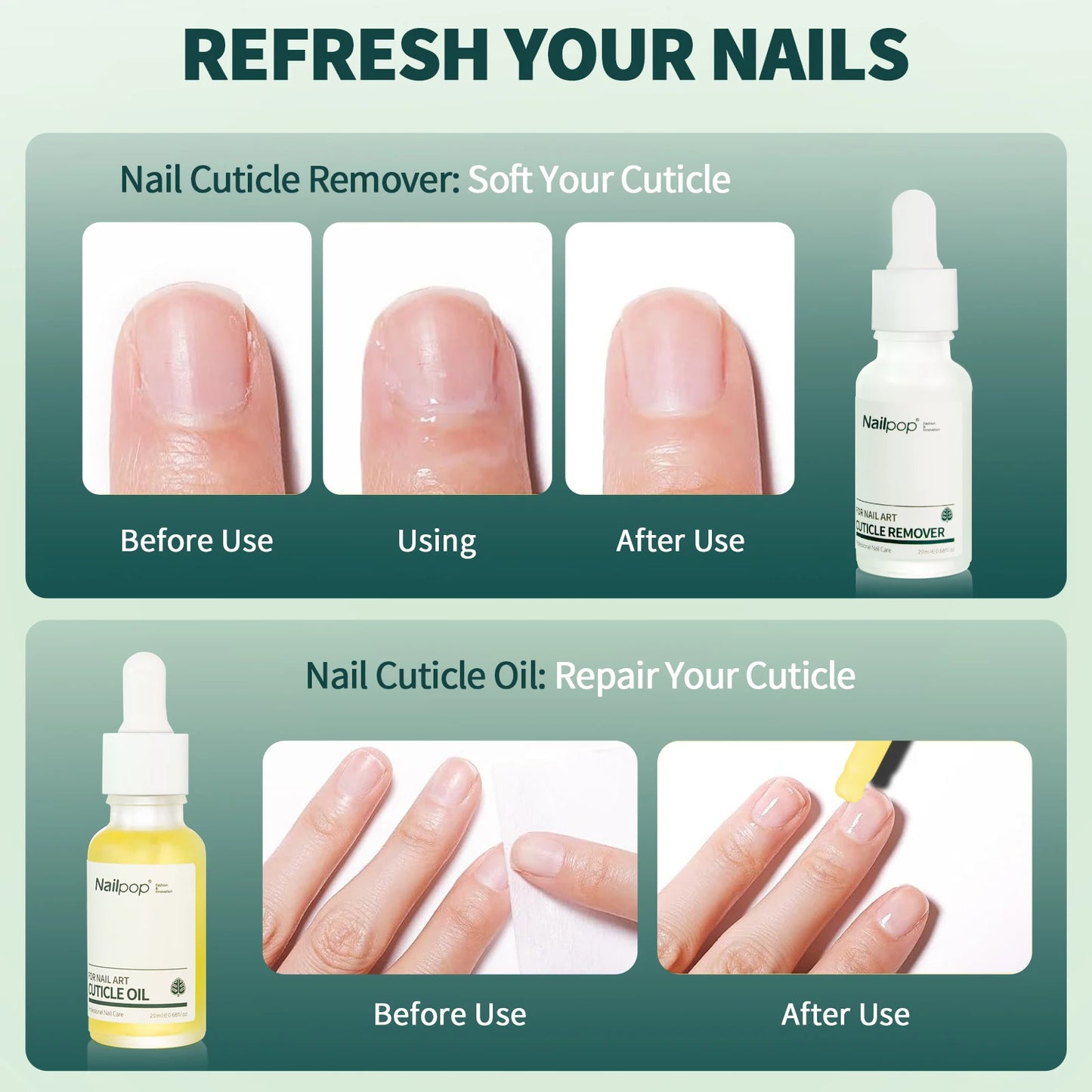 Juego de herramientas de manicura Nailpop con suavizante para eliminar la piel muerta, aceite nutritivo para cutículas, reparador de uñas, hidratante y brillante (20 ml)