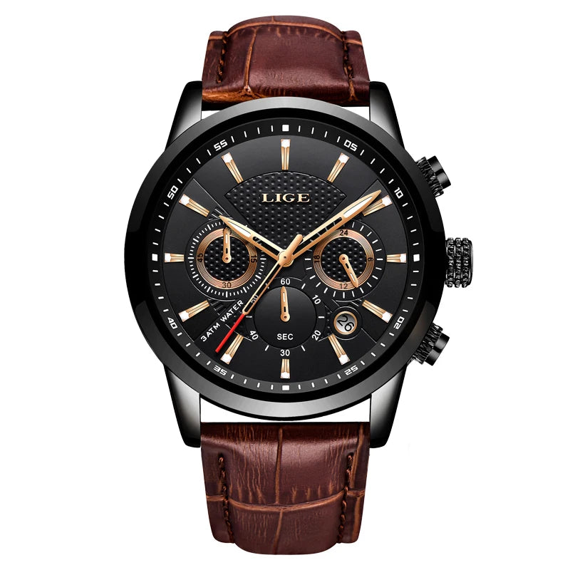 LIGE 2024 Reloj de lujo para hombre, reloj de cuarzo informal de negocios, reloj de pulsera de cuero a la moda para hombre, reloj impermeable para hombre