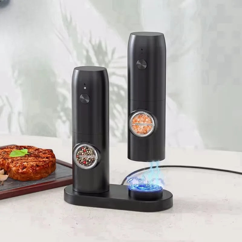Molinillo eléctrico de sal y pimienta con base de carga y luz LED, molinillo automático de especias y hierbas con grosor ajustable.