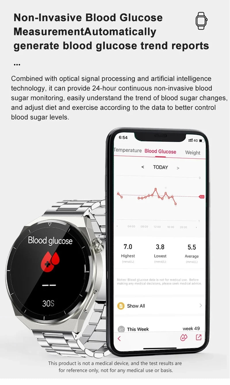 Reloj inteligente con tratamiento láser para hombres, dispositivo con ECG, PPG, frecuencia cardíaca, azúcar en sangre, monitor de salud, para Android e iOS, 2024