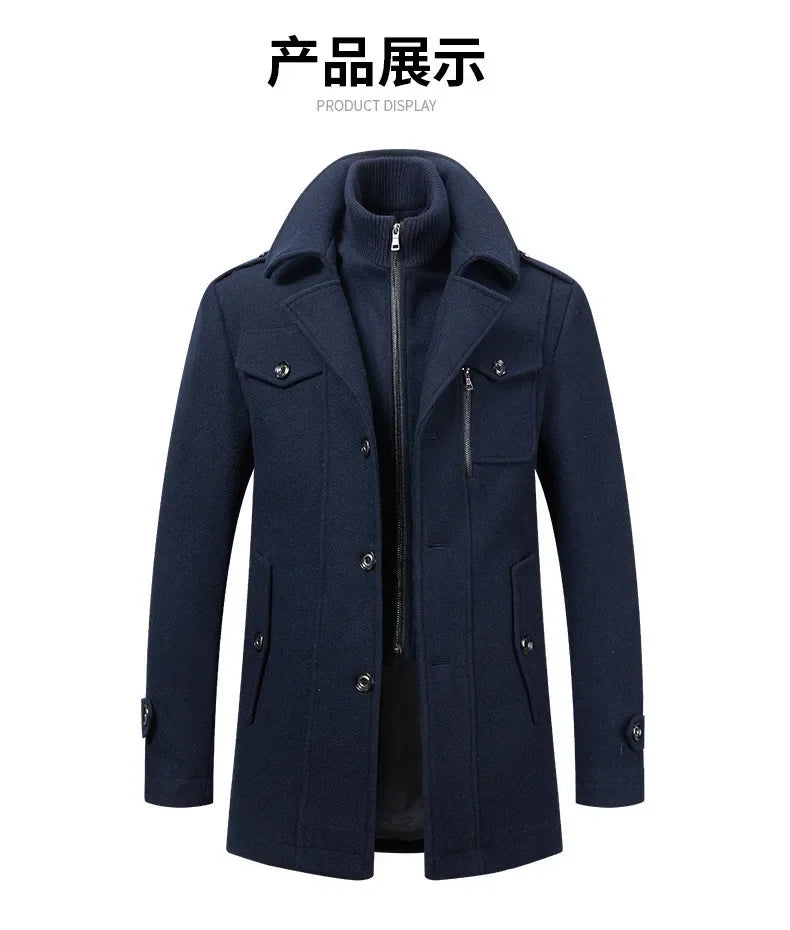 Thickening Warm Wool Coat High Quality Design Wool Coats Men's Wool Blend Winter Double Collar Wool Blend Men Solid Color