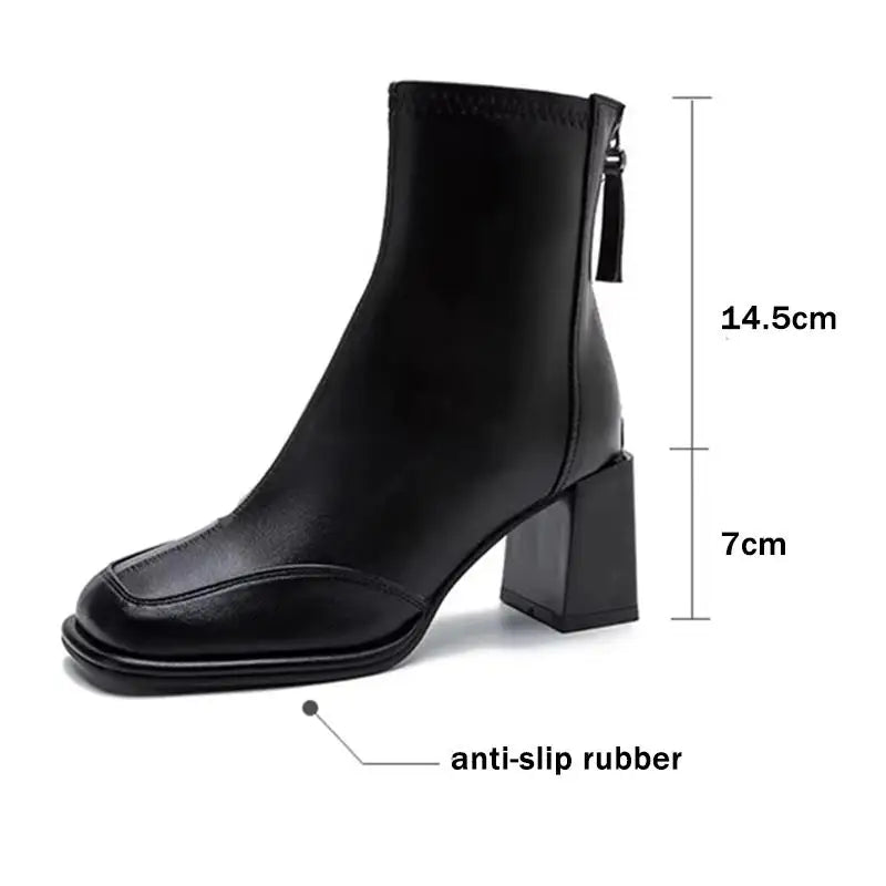 British Vintage Square Toe Ankle Boots Women 2025 Autumn Winter Thick High Heel Black Pu Boots Woman Cowboy Short Booties Shoes