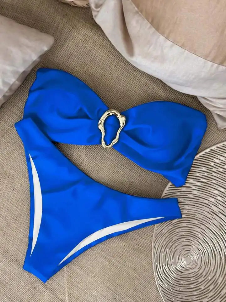 Conjuntos de bikini sin tirantes para mujer, traje de baño de dos piezas con efecto push up, bañadores sexys de color liso, ropa de playa sin espalda para mujer