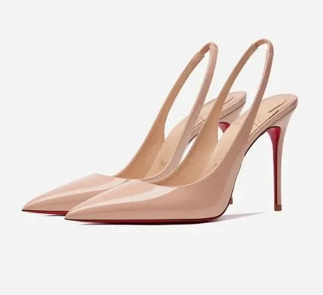 Sandalias sexis de tacón alto y punta abierta para mujer, tacón fino sin espalda, suela roja, color negro, nuevo estilo 2025, punta afilada, suela de goma.