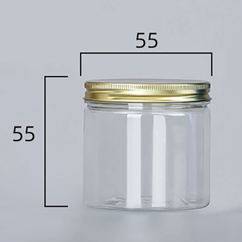 Frasco de plástico transparente de 15 tamaños con tapas de aluminio rosa, contenedor vacío para crema facial, contenedor de cosméticos, botellas rellenables de viaje doradas.
