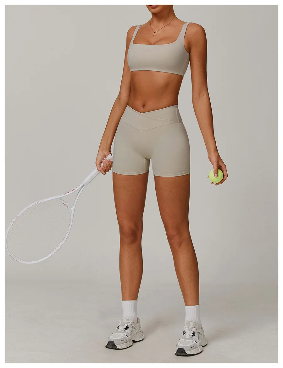 Nuevo conjunto de yoga para mujer, ropa deportiva para gimnasio, sujetador deportivo y pantalones cortos, conjuntos de leggings, atuendos de sensación desnuda, ropa deportiva femenina, chándal