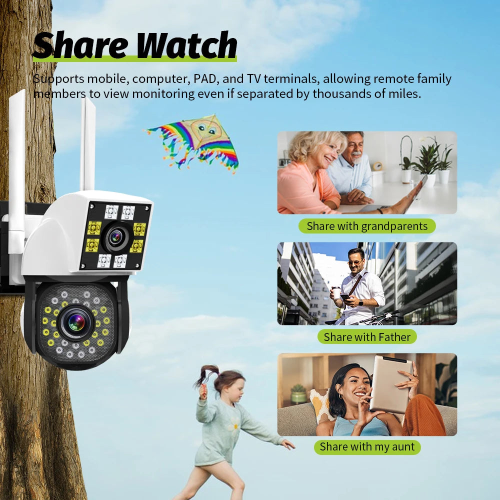 Cámara inalámbrica Neye 4K/8MP WiFi 1080P con doble lente y pantalla dual para exteriores, cámara IP para el hogar, cámara de seguridad CCTV con doble lente