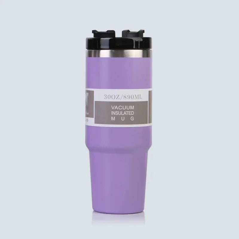 Vaso portátil de acero inoxidable de 30 oz con aislamiento para coche, con pajita y doble pajita para bebidas frías, ideal para usar en el vehículo.