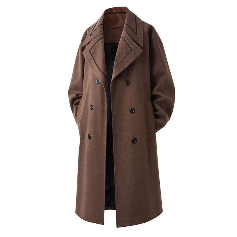 Trench Men Long Woolen Coats Autumn Winter Fashion Turn Down Collar Casual Outwear Male Double Breasted Loose Solid Chic Coat