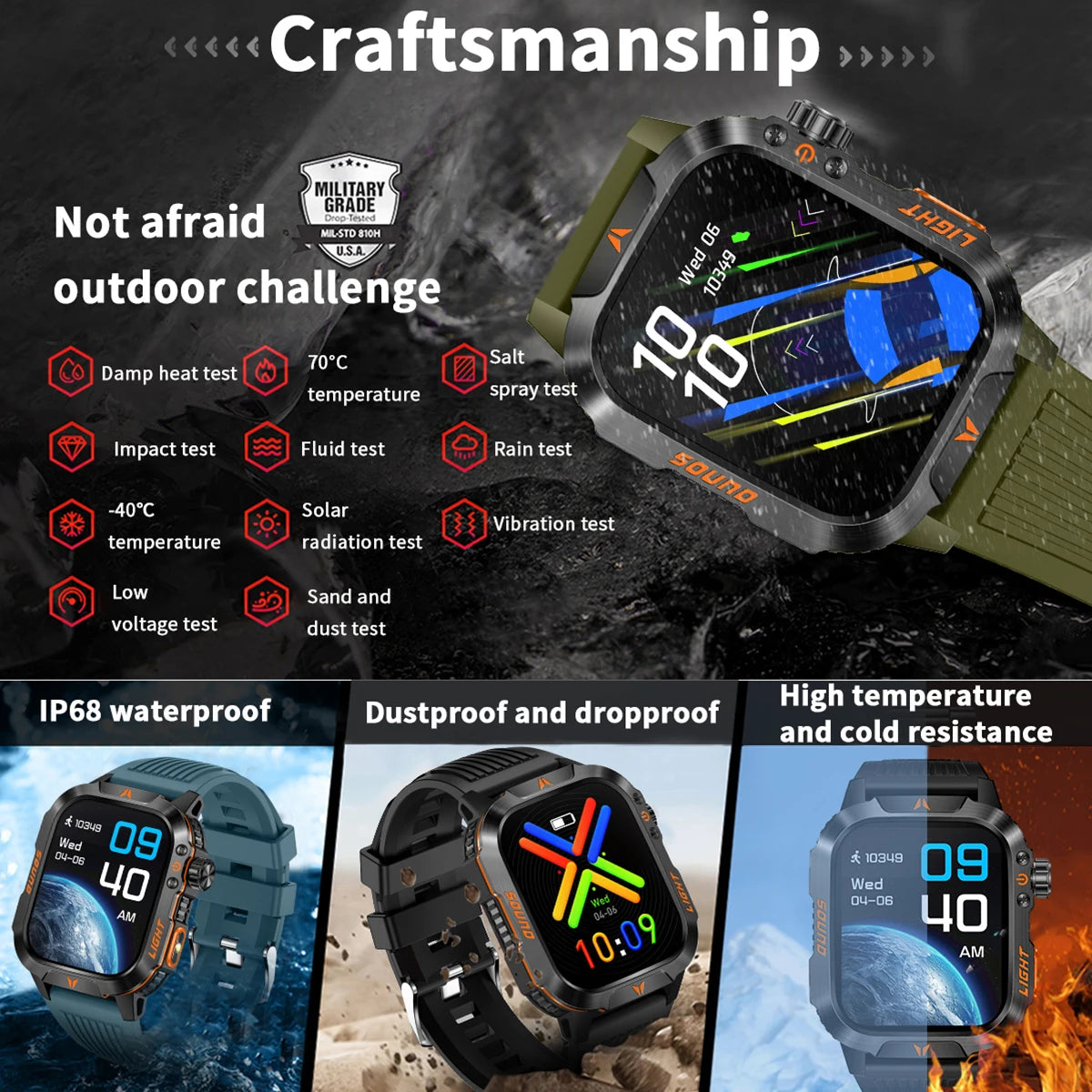 Reloj inteligente 2024 con pantalla 2.01, linterna para exteriores, brújula, IP68, resistente al agua, llamadas inalámbricas, batería de 600 mAh, modo deportivo de 100+