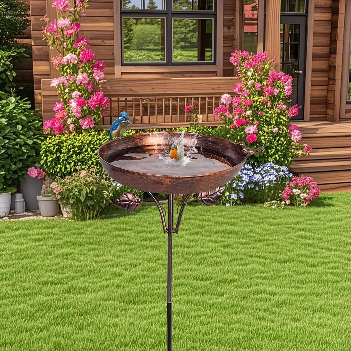 Baño para pájaros de pie, para jardín al aire libre, de metal, cuenco, baño de agua para pájaros, baño antiguo, resistente al invierno.