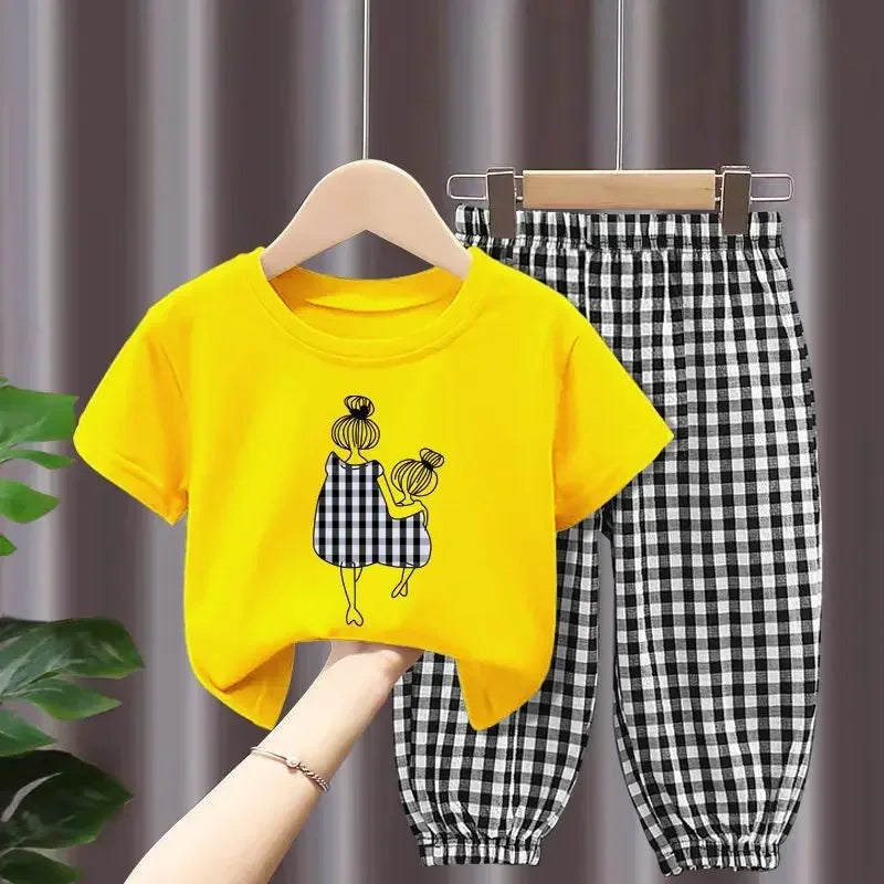 Conjuntos de ropa infantil para madre e hija: camiseta de manga corta estampada y pantalón a cuadros, ropa para niñas de 2 a 8 años