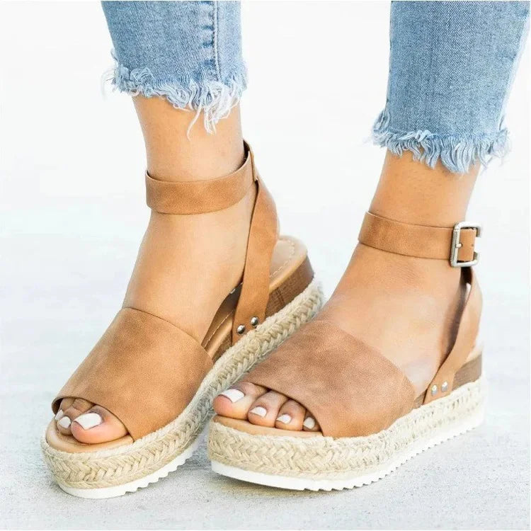 Sandalias de mujer de talla grande, estilo verano 2021, suela gruesa, diseño de hebilla y correa tejida, cómodas cuñas secas de EVA, sandalias romanas