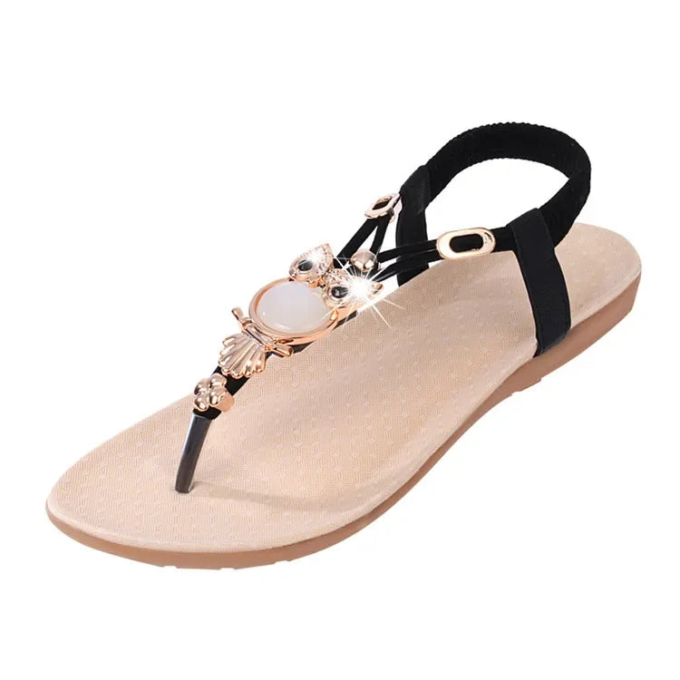 Sandalias planas bohemias de verano nuevas, informales, con cuentas de búho y clip en la punta, para mujer, parte superior de goma, suaves, cómodas y resistentes al desgaste.