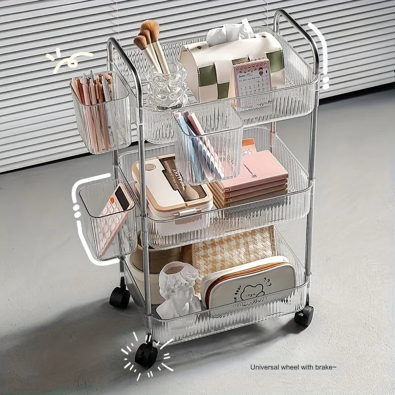Carrito de almacenamiento transparente de 3 niveles con ruedas: organizador rodante multifuncional para el hogar y la oficina, ideal para el dormitorio y la sala de estar.