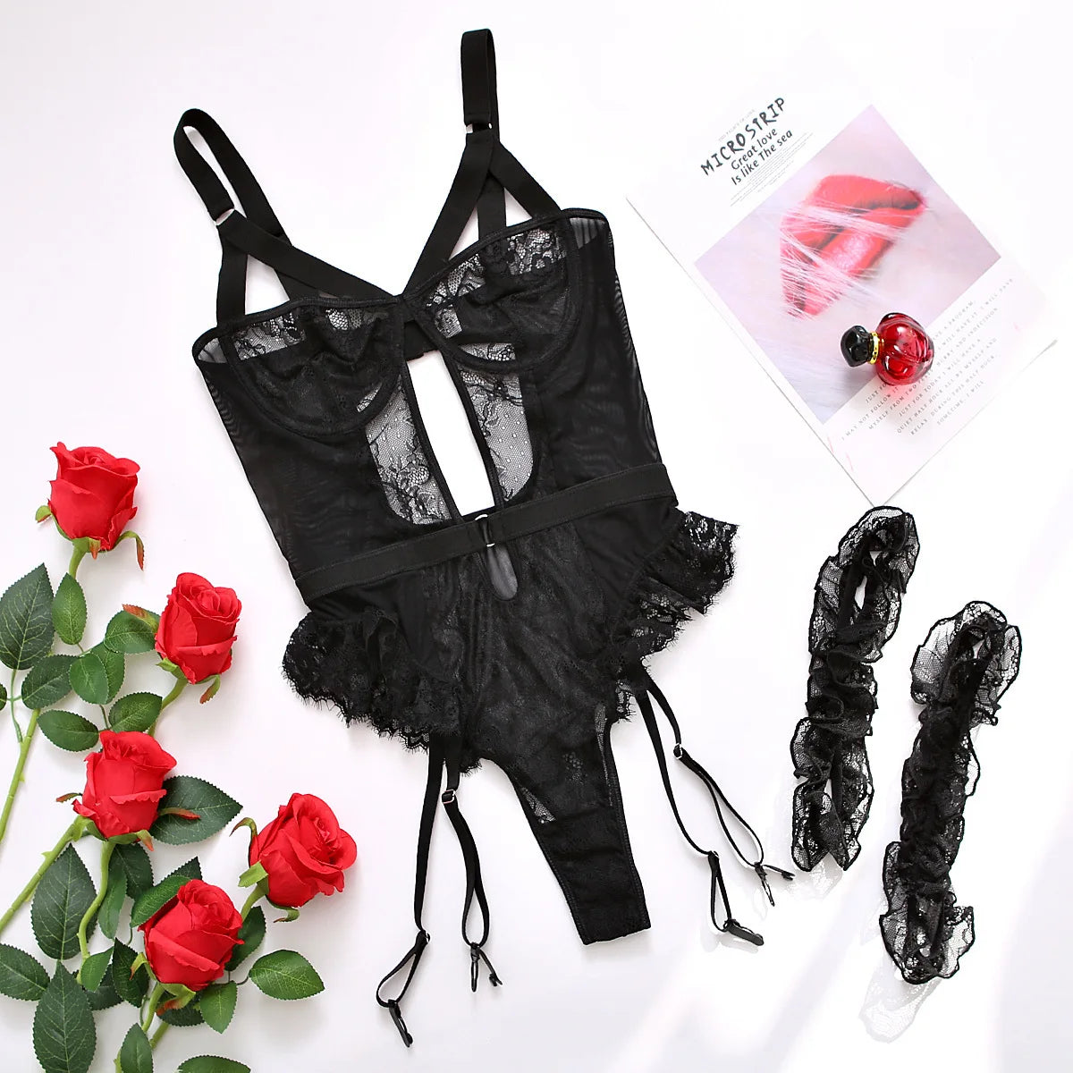 Lencería sexy sin entrepierna para mujer, mono de encaje calado, pijama erótico, vestido babydoll de peluche, sujetador abierto en V profundo, conjunto de ropa interior porno