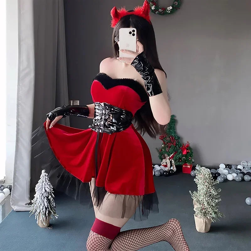 Sexy Demon Cosplay Costumes Women Cute Devil Girls Uniform Naughty Christmas Halloween Outfits Erotic Lingerie Dress Shawl Set