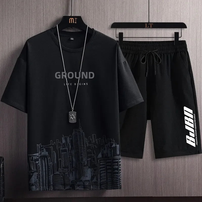 Conjunto deportivo de dos piezas para hombre, camiseta de manga corta a la moda, estilo veraniego, con estampado de montañas nevadas, corte entallado, versión coreana