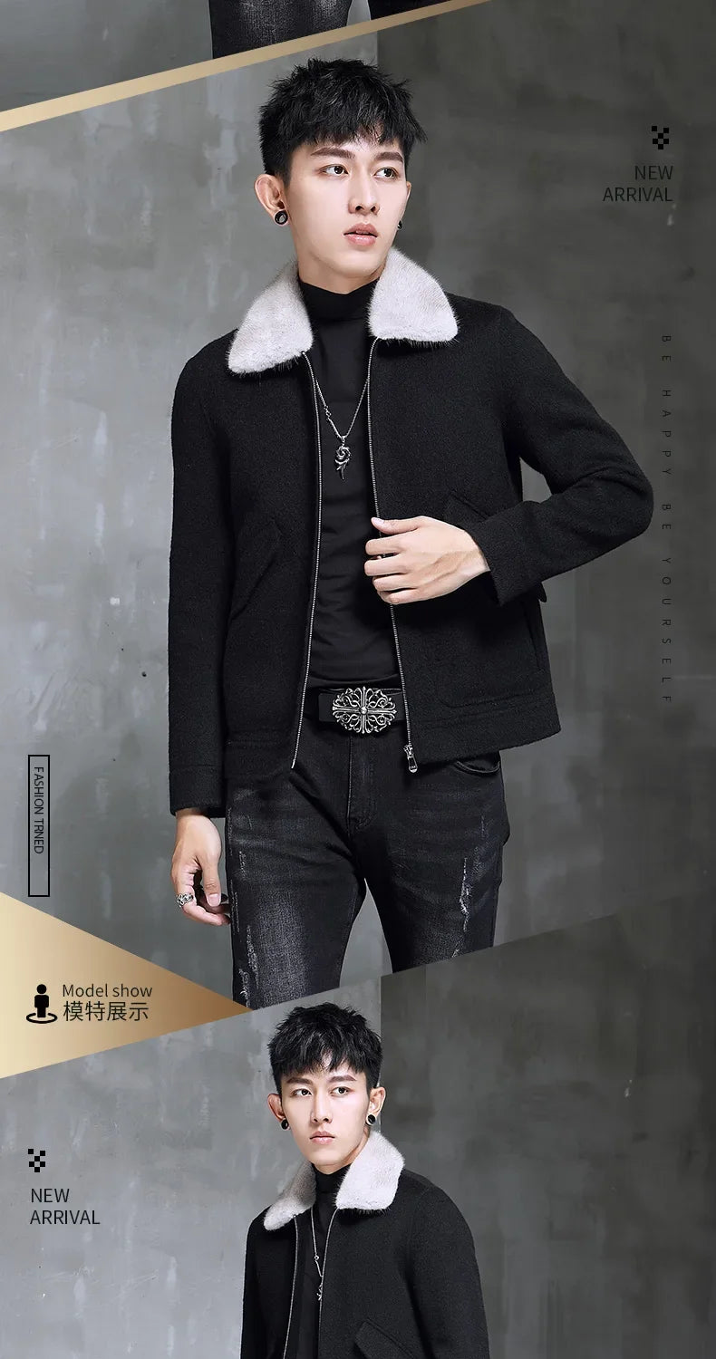AYUNSUE Spring Autumn Wool Coat Men Double-sided Alpaca Jacket Mink Fur Collar Mens Coats and Jackets Overcoat 1970B KJ3859