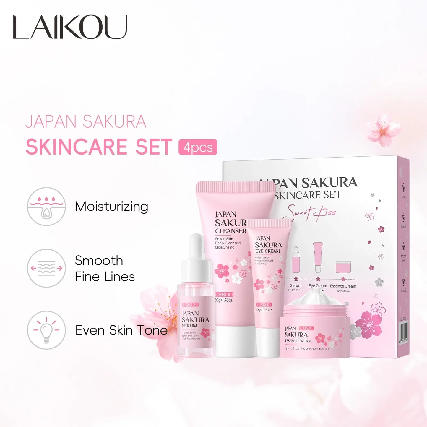Set de 4 piezas para el cuidado facial: Limpiador, crema Sakura Essence, crema hidratante para ojos, suero facial para mejorar la aspereza y la sequedad de la piel.