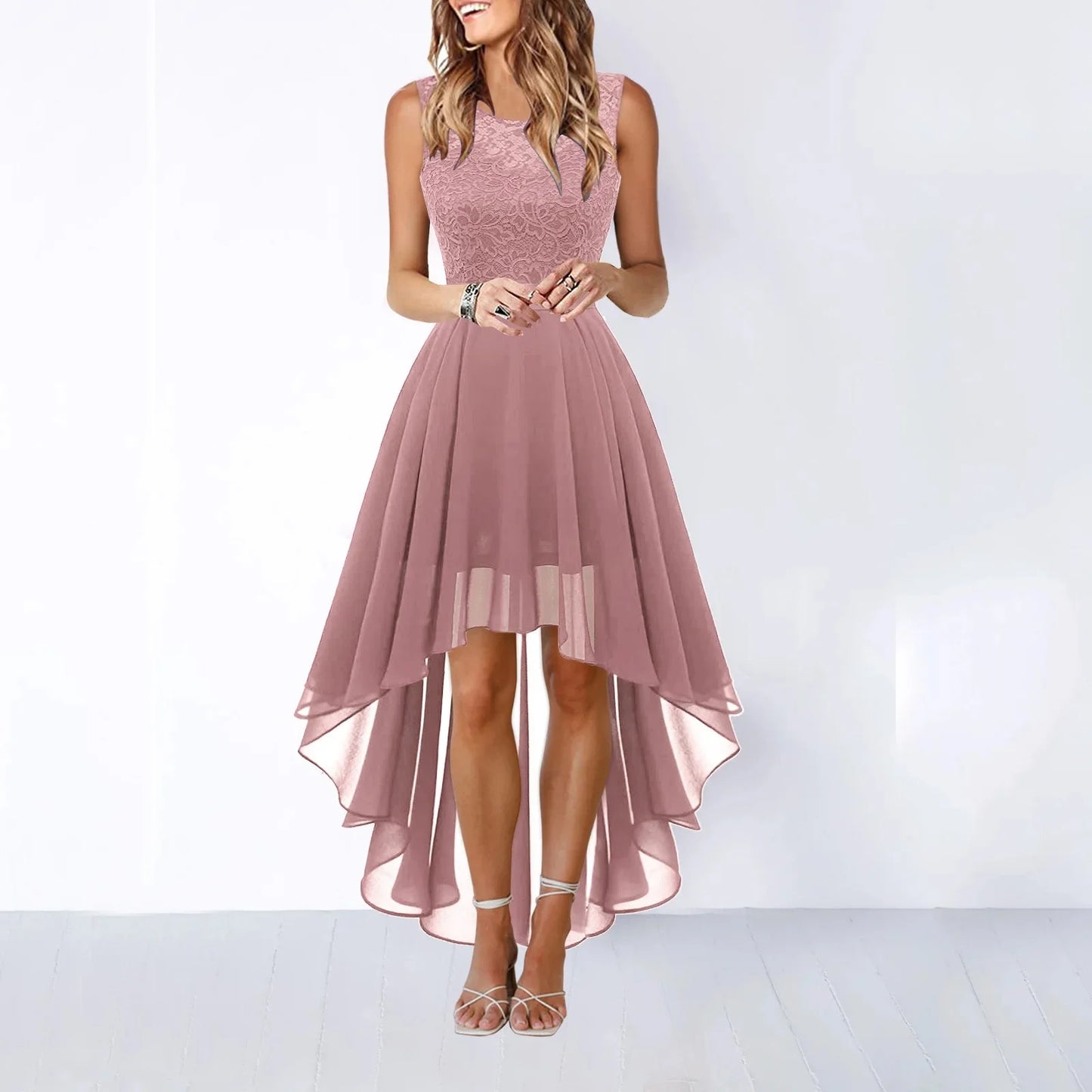 Primavera Verano 2025 Vestido de noche de encaje ceñido con cintura ahuecada Falda midi Sin mangas Cuello redondo Tejido de poliéster Cintura imperio