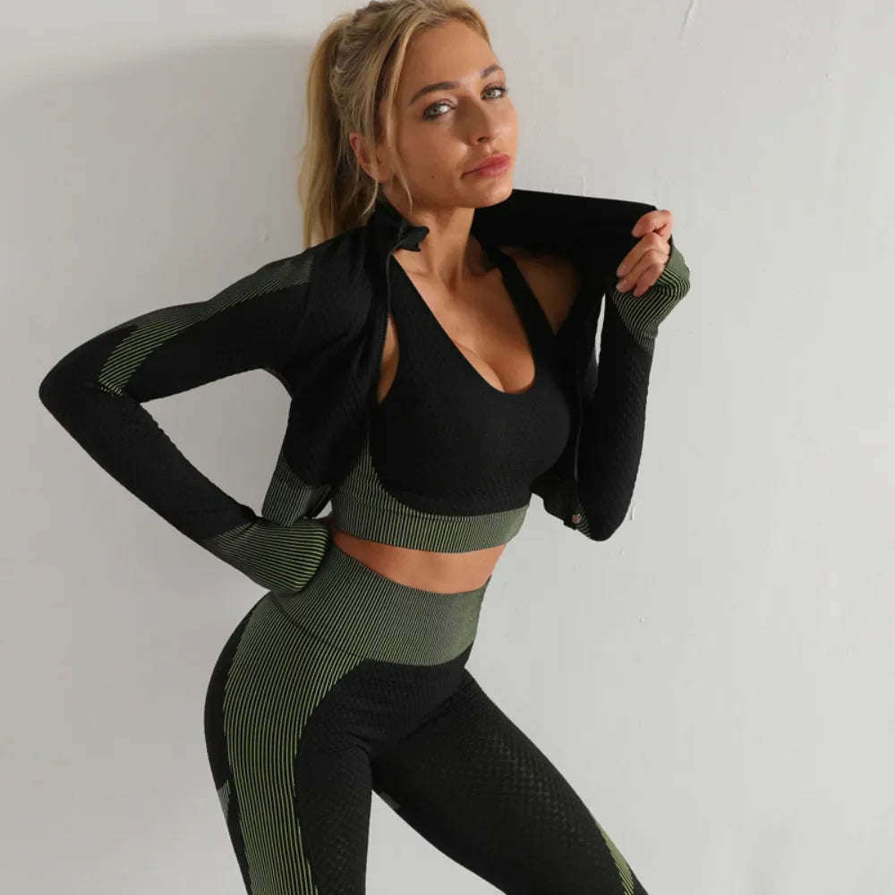Conjunto de 3 piezas de yoga sin costuras, chaleco deportivo de fitness, pantalones de cintura alta que levantan la cadera, ropa de entrenamiento, conjunto de leggings de gimnasio para mujer