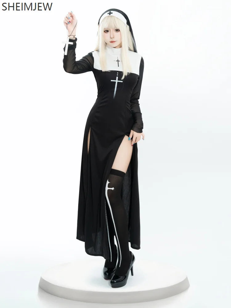 Sexy Anime Nun Cosplay Costume Women Fancy Dress Uniform Halloween Party Adult Madonna Dress Black Fancy Robe Headdress Set 2025