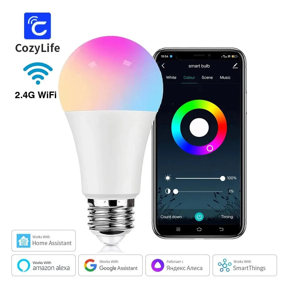 Bombilla inteligente RGB E27 con atenuación por wifi y temporizador, control por voz, compatible con CozyLife, Alexa, Google Home, Alice Home Assistant.