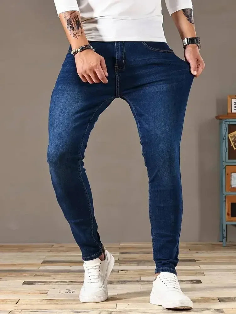 Pantalones vaqueros elásticos de hombre, ajustados, de color liso, estilo lápiz, corte slim, vaqueros, estilo urbano, vaqueros, casuales, negros