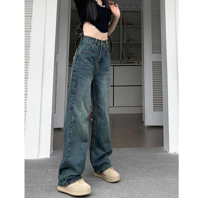 Pantalones vaqueros de pierna ancha para mujer, de cintura alta, con contraste, rectos, holgados, para otoño